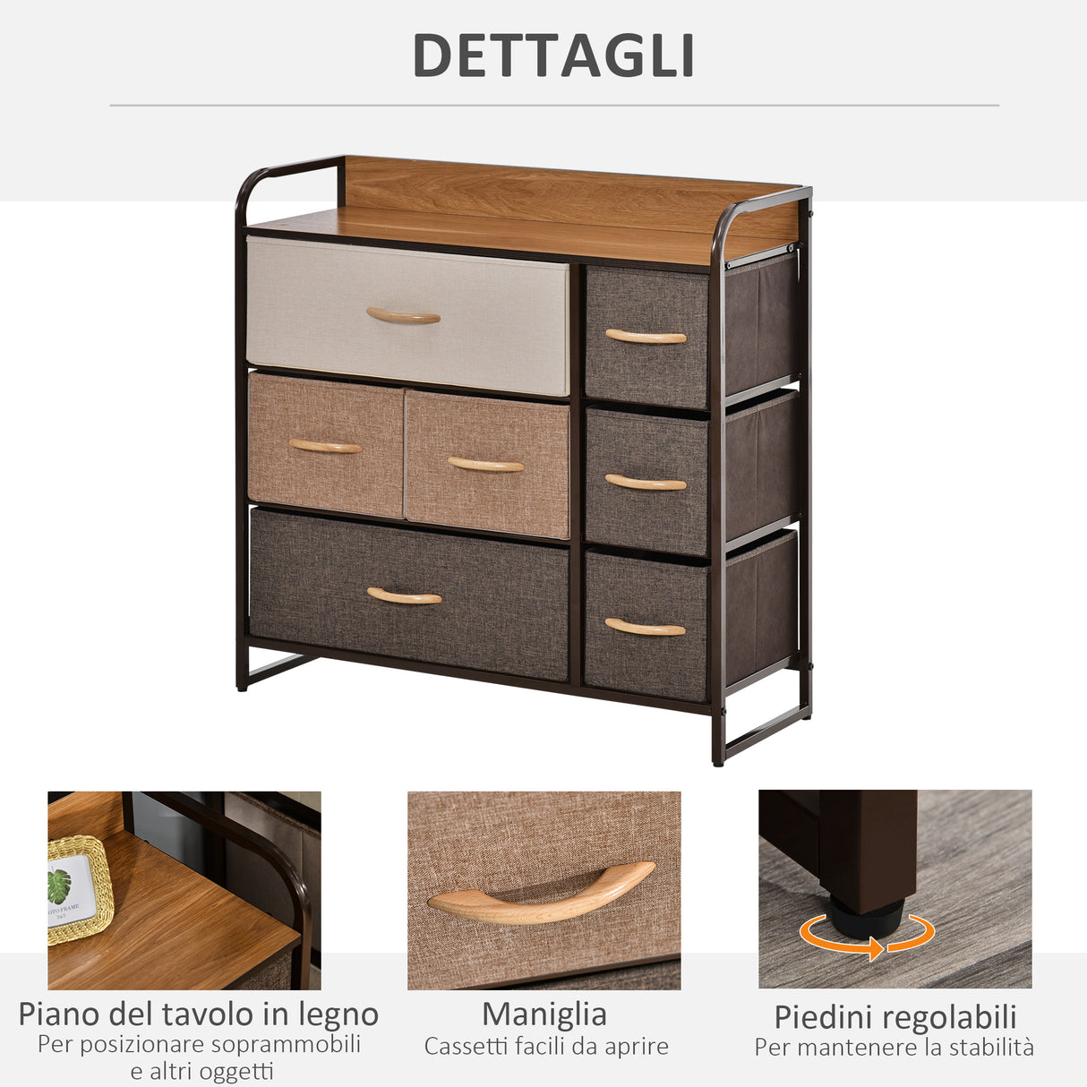 easycomfort easycomfort cassettiera 7 cassetti in tessuto 80x29x78.5cm legno