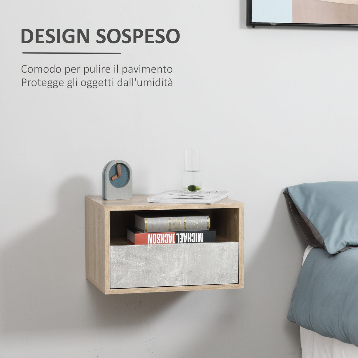 easycomfort easycomfort set 2 comodini sospesi con cassetto e ripiano 45x35x27 5cm grigiocolor legno