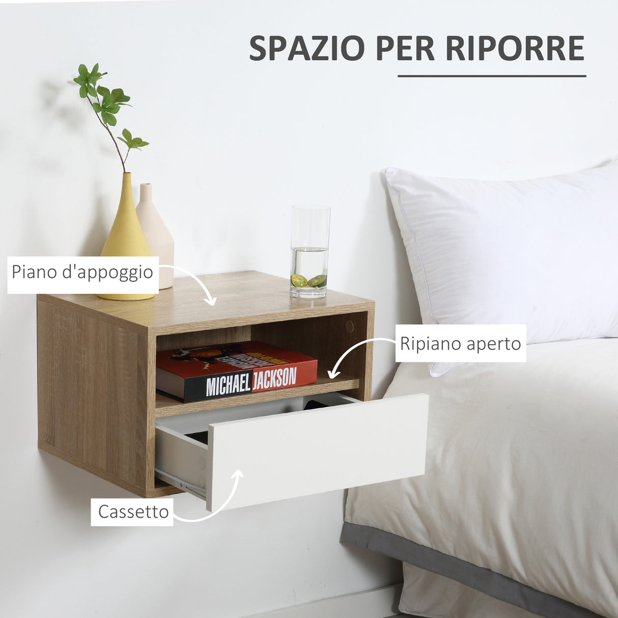 easycomfort easycomfort set 2 comodini sospesi con cassetto e ripiano 45x35x27 5cm bianco e color legno