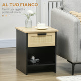 easycomfort easycomfort comodino stile boho chic in legno e rattan con cassetto e ripiano 40x40x50cm nero e naturale