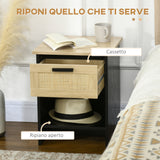 easycomfort easycomfort comodino stile boho chic in legno e rattan con cassetto e ripiano 40x40x50cm nero e naturale