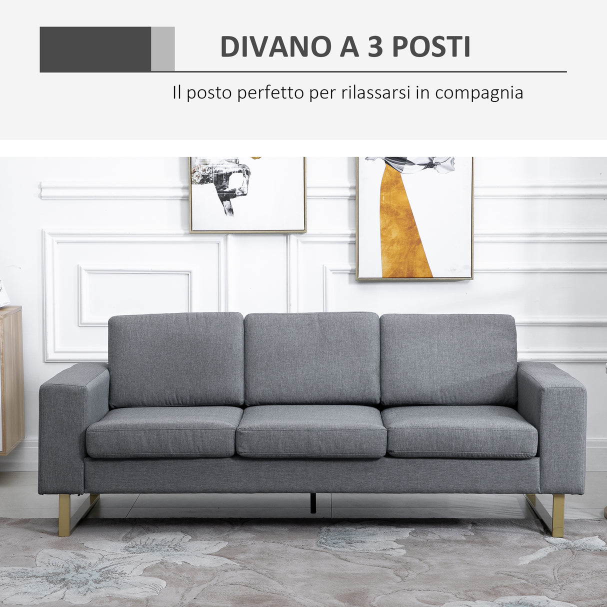 easycomfort easycomfort divano a 3 posti con cuscini in tessuto di lino grigio scuro 200x82x78cm