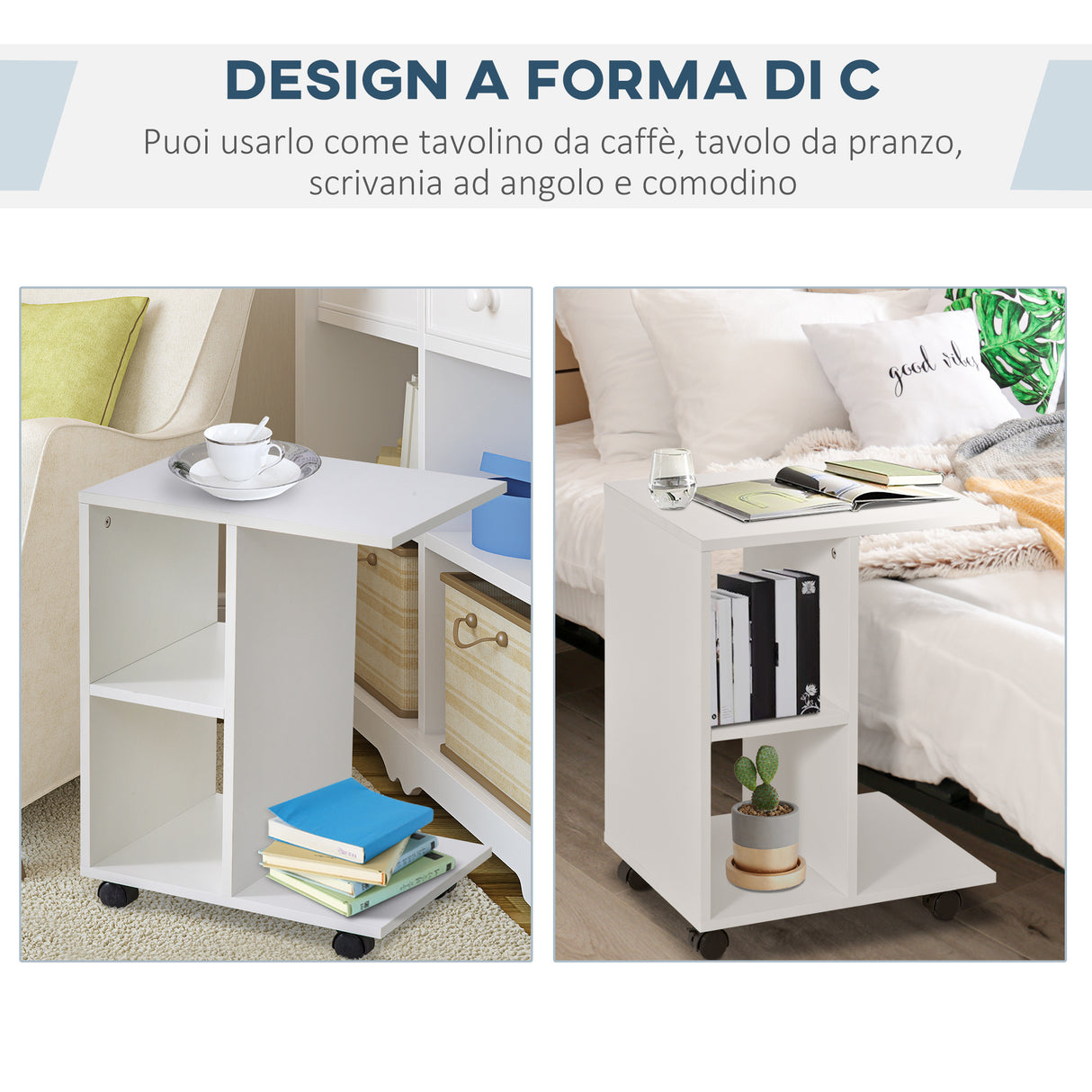 easycomfort easycomfort tavolino da salotto a c con 2 ripiani aperti e 4 ruote girevoli in truciolato 45x35x58cm bianco