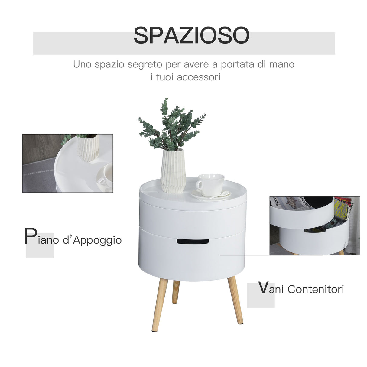 easycomfort easycomfort tavolino da caffe rotondo con apertura a rotazione e vassoio rimovibile in legno bianco ean 8054144134604