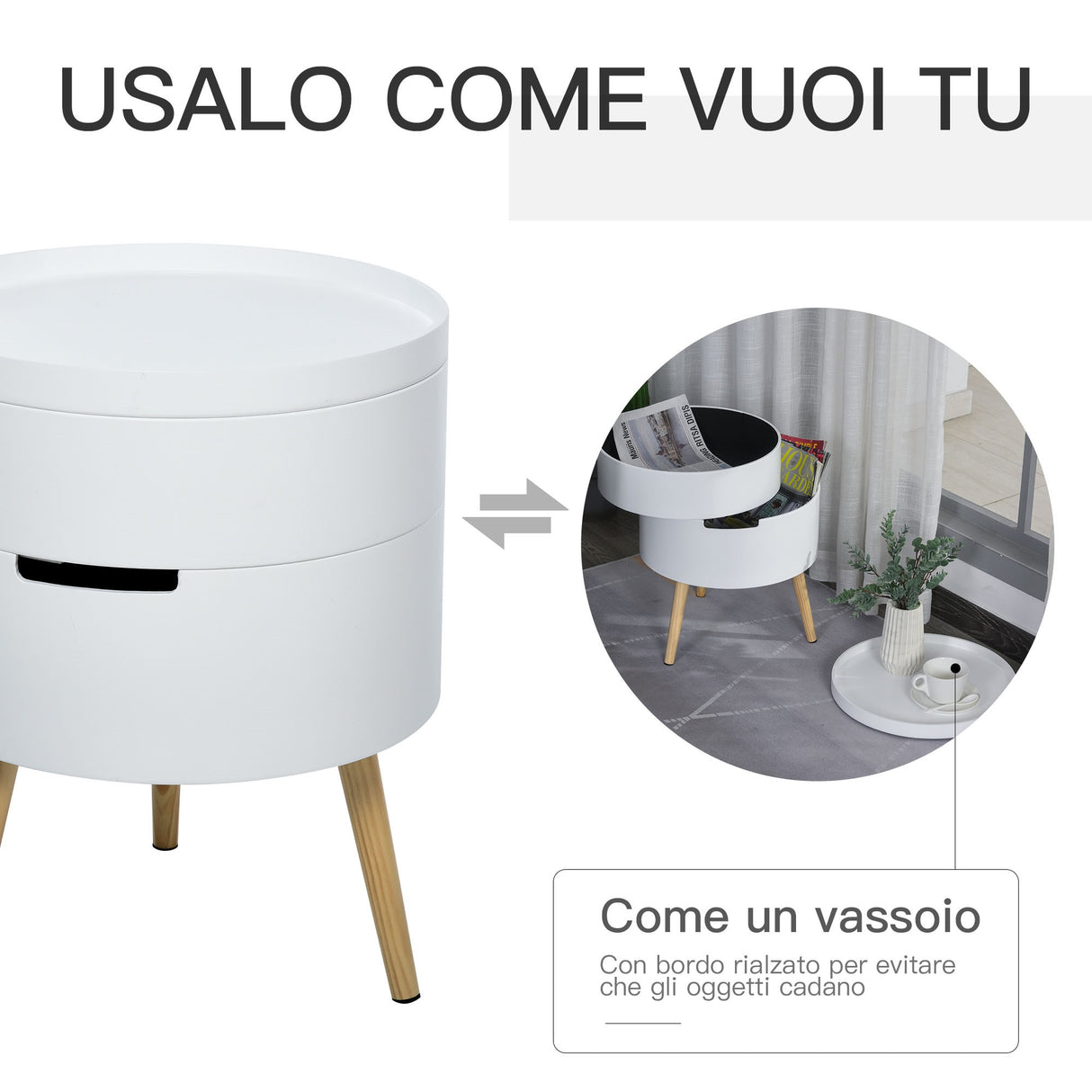 easycomfort easycomfort tavolino da caffe rotondo con apertura a rotazione e vassoio rimovibile in legno bianco ean 8054144134604