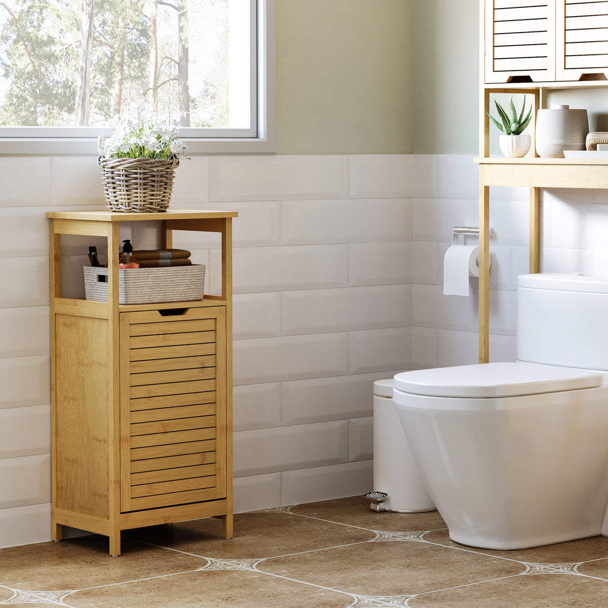 easycomfort easycomfort mobiletto bagno con cesto multiuso per bucato e giocattoli in mdf e bambu 40x30x86 5cm