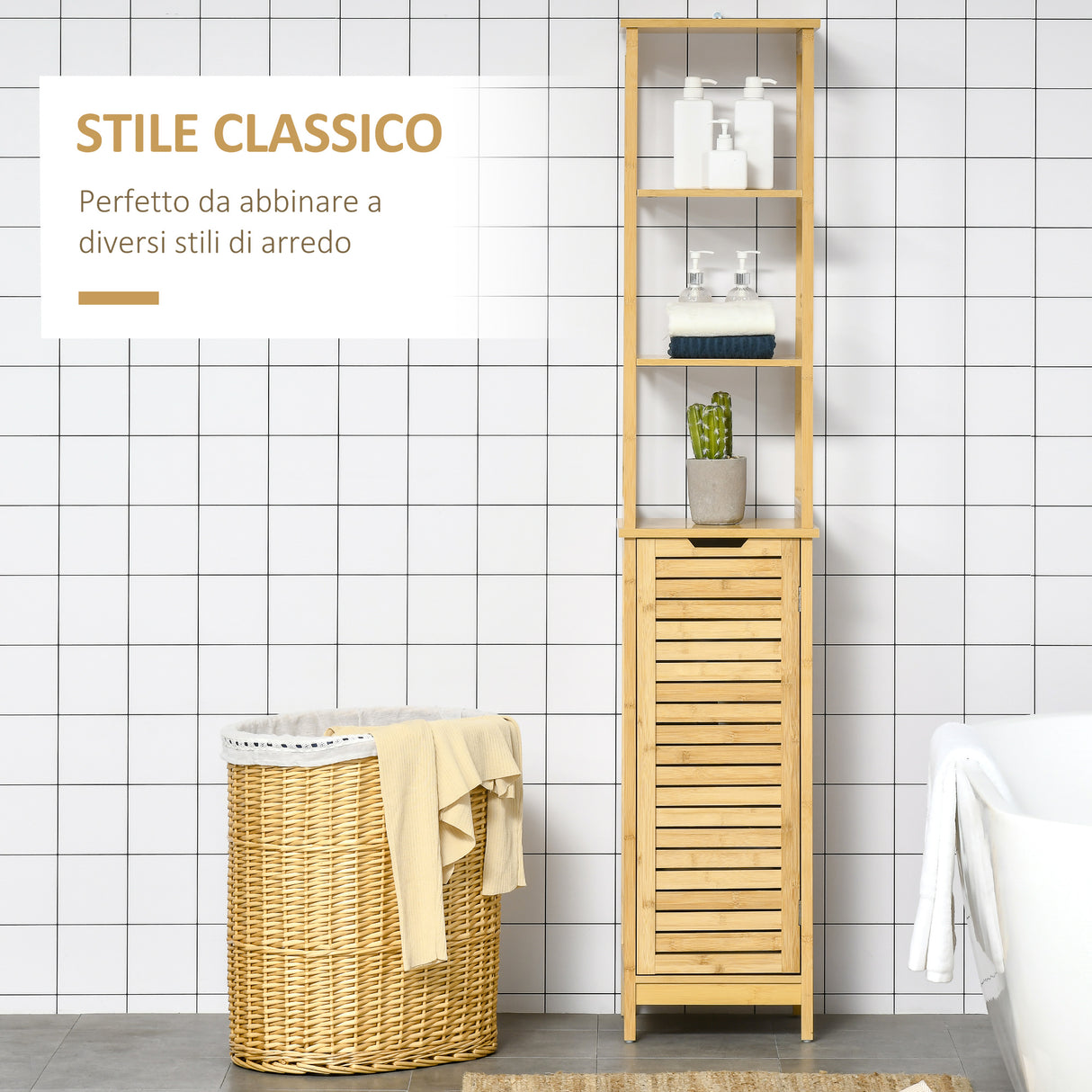 easycomfort easycomfort mobile bagno a 3 ripiani e 1 credenza design a doghe bambu 34x30x173cm