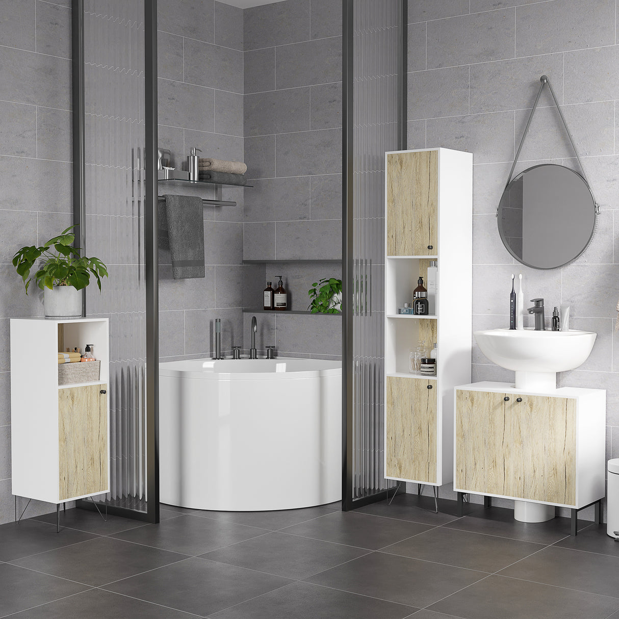 easycomfort easycomfort mobile bagno con ripiano aperto e armadietto con anta in legno 31 5x30x91cm quercia e bianco