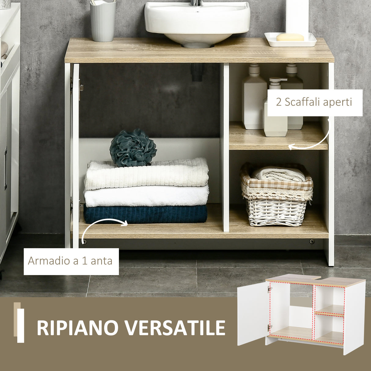 easycomfort easycomfort mobile bagno sottolavabo con armadietto e 2 mensole in legno truciolare 77 x 45 x 60cm bianco e color legno
