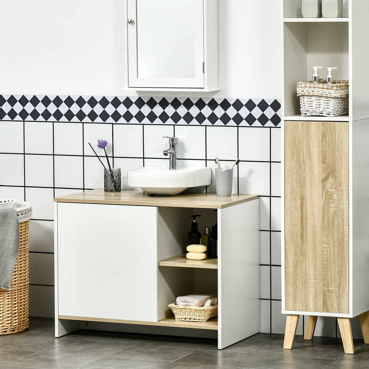 easycomfort easycomfort mobile bagno sottolavabo con armadietto e 2 mensole in legno truciolare 77 x 45 x 60cm bianco e color legno