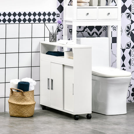 easycomfort easycomfort mobiletto bagno con porte scorrevoli ripiano regolabile e 4 ruote in truciolato e lega di alluminio 70x20x71cm bianco