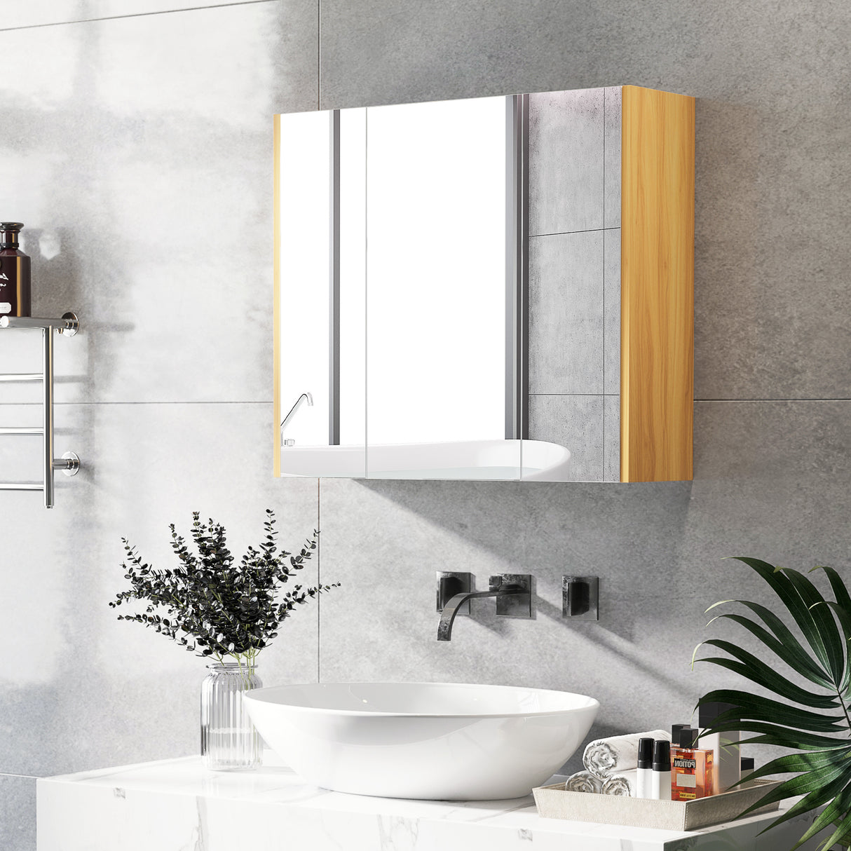 easycomfort easycomfort armadietto specchiera bagno a 3 ante con mensole regolabili 68x22x60cm bianco