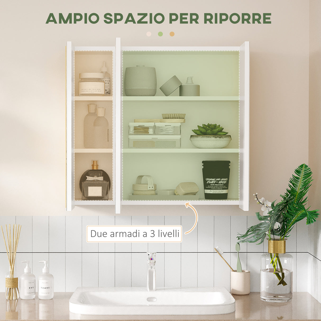 easycomfort easycomfort armadietto specchiera bagno a 3 ante con mensole regolabili 68x22x60cm bianco