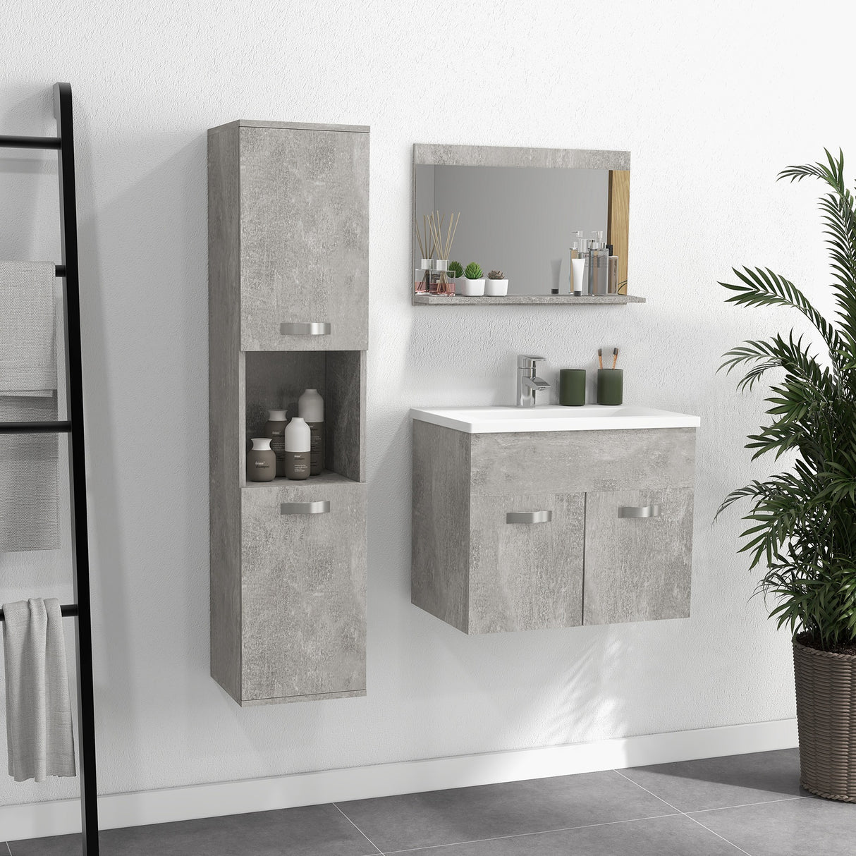 easycomfort easycomfort set mobili bagno con mobile lavabo 60cm e lavandino in ceramica colonna bagno e specchiera grigio