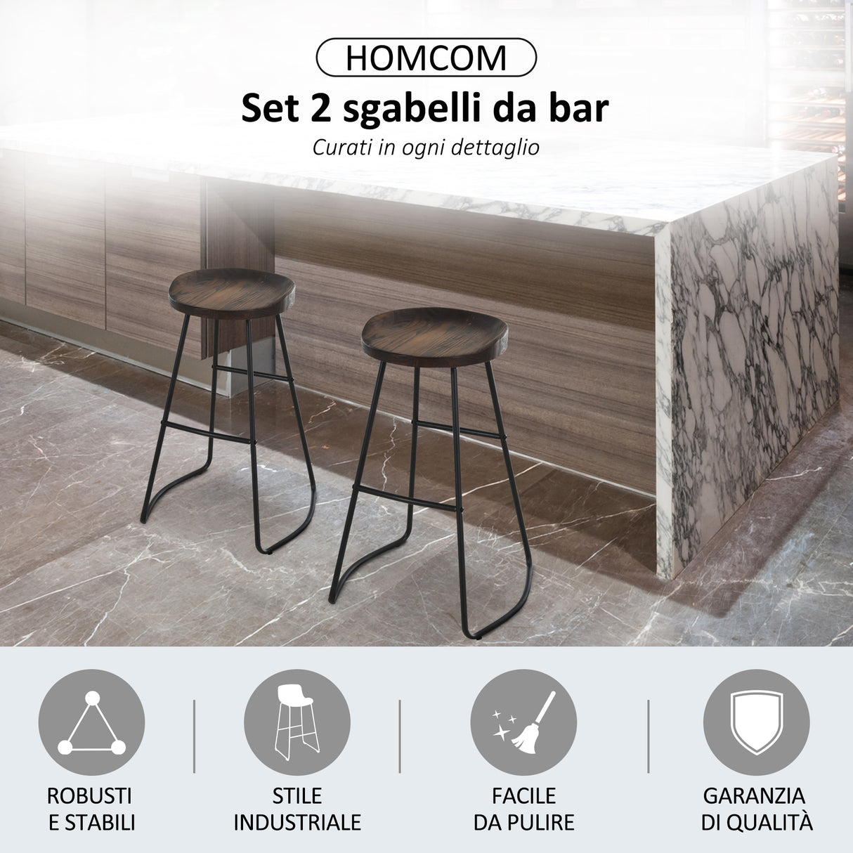 easycomfort easycomfort set 2 sgabelli alti da bar stile industriale in acciaio nero e legno ean 8055776915043