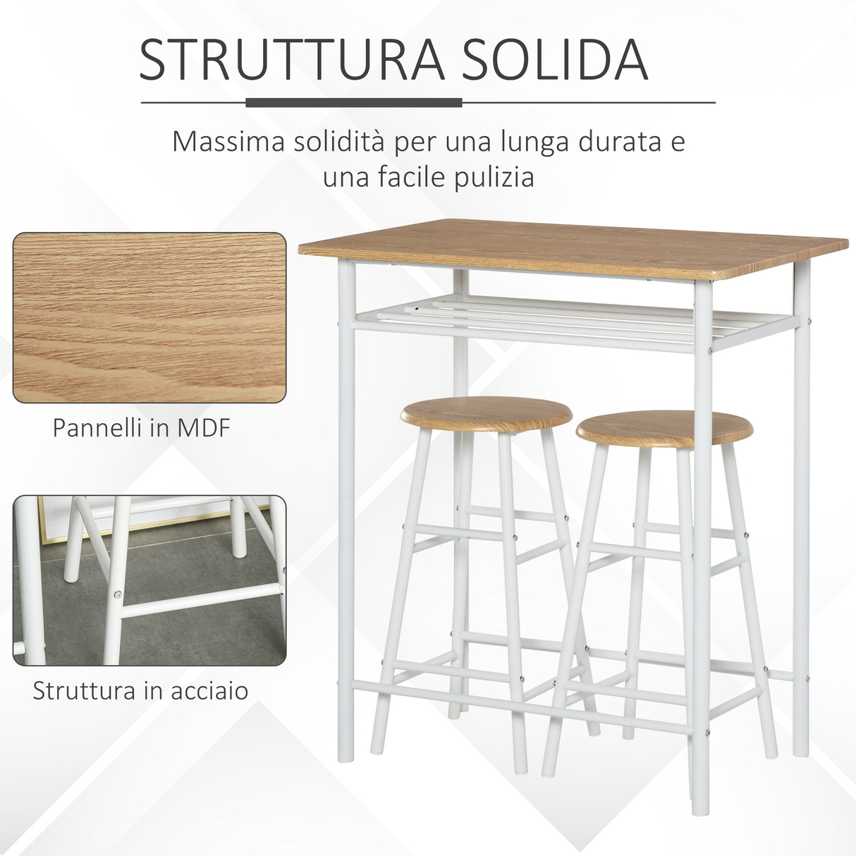 easycomfort easycomfort set bancone bar con 2 sgabelli alti in legno stile nordico tavolo alto con mensola e sgabelli cucina con poggiapiedi bianco