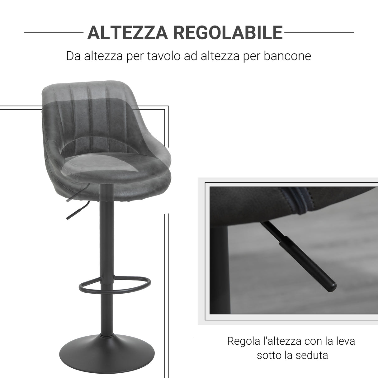 easycomfort easycomfort set 2 sgabelli da bar con altezza regolabile e poggiapiedi in similpelle e metallo grigio