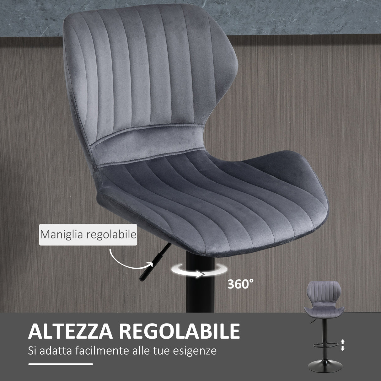 easycomfort easycomfort set 2 sgabelli da bar effetto velluto girevoli con altezza regolabile e poggiapiedi grigio