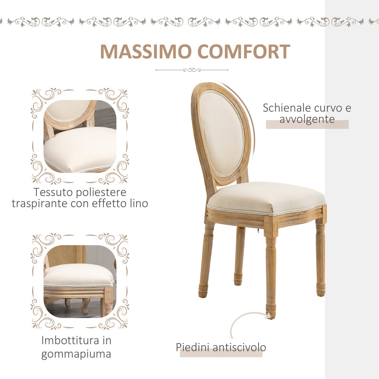 easycomfort easycomfort set 2 sedie imbottite per soggiorno stile vintage retro in legno e tessuto 49x56x96cm bianco