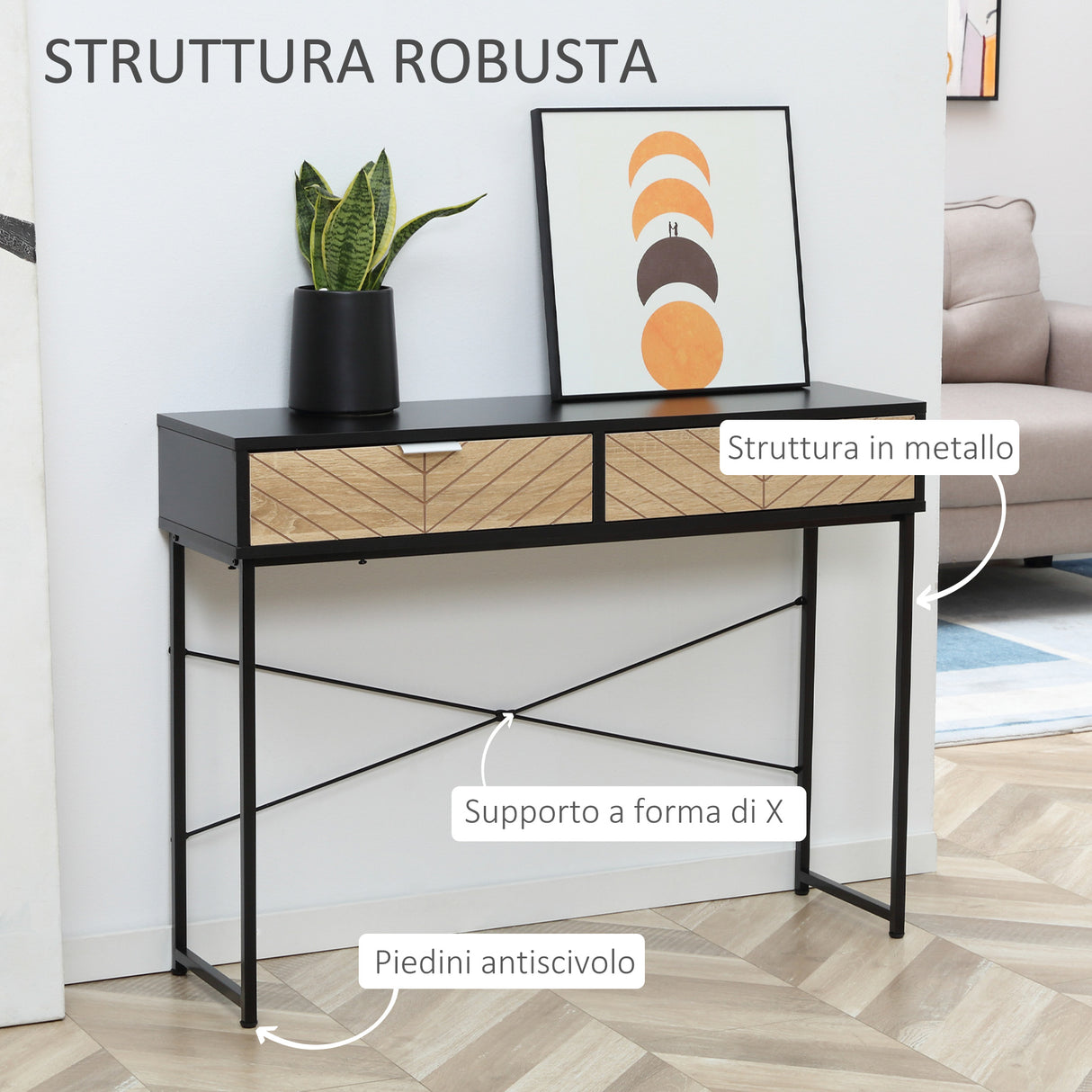 easycomfort easycomfort consolle moderna per ingresso e soggiorno con 2 cassetti in metallo 100x30x75cm nero