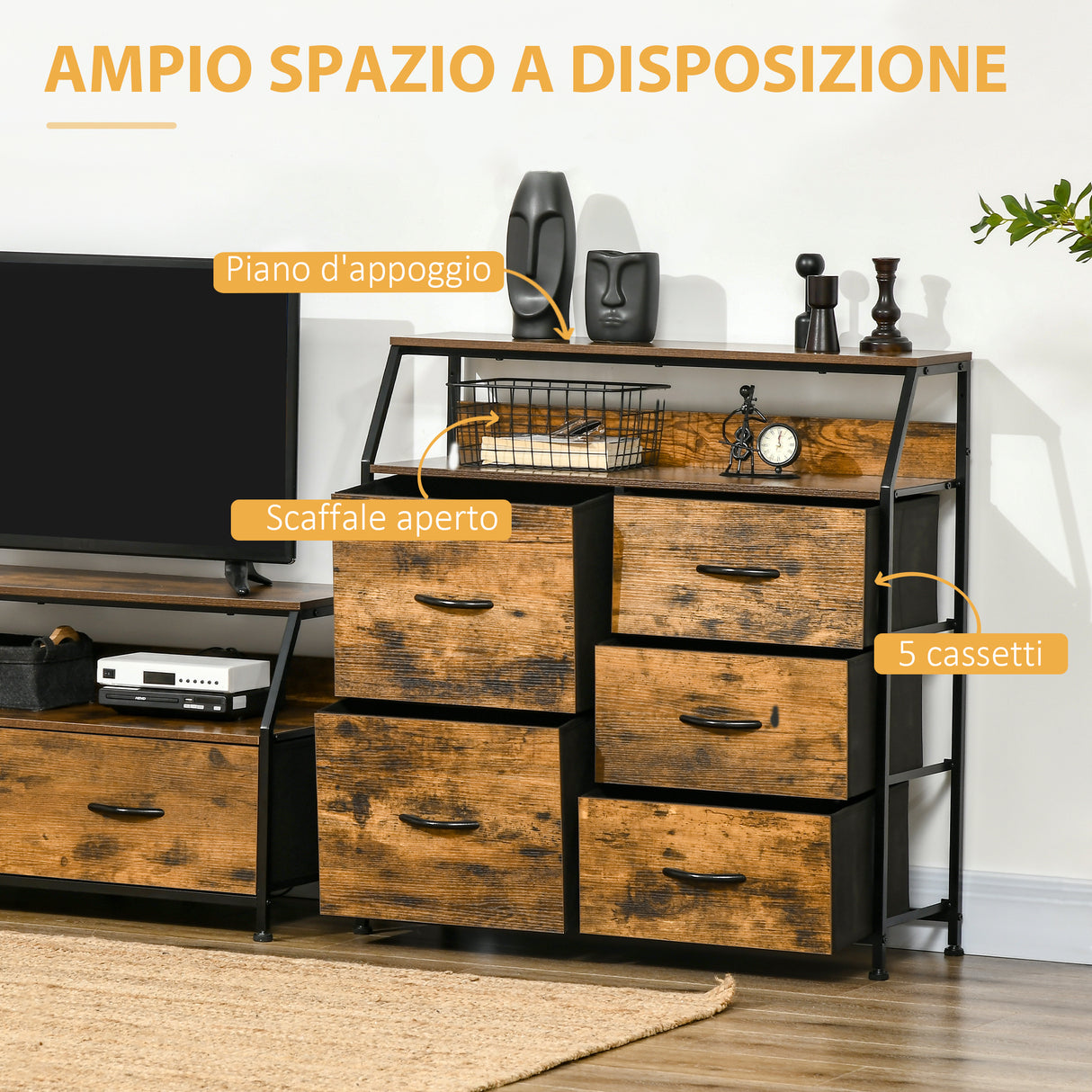 easycomfort easycomfort mobile cassettiera con 5 cassetti in tessuto pieghevoli stile industriale 83 5x29x87cm marrone