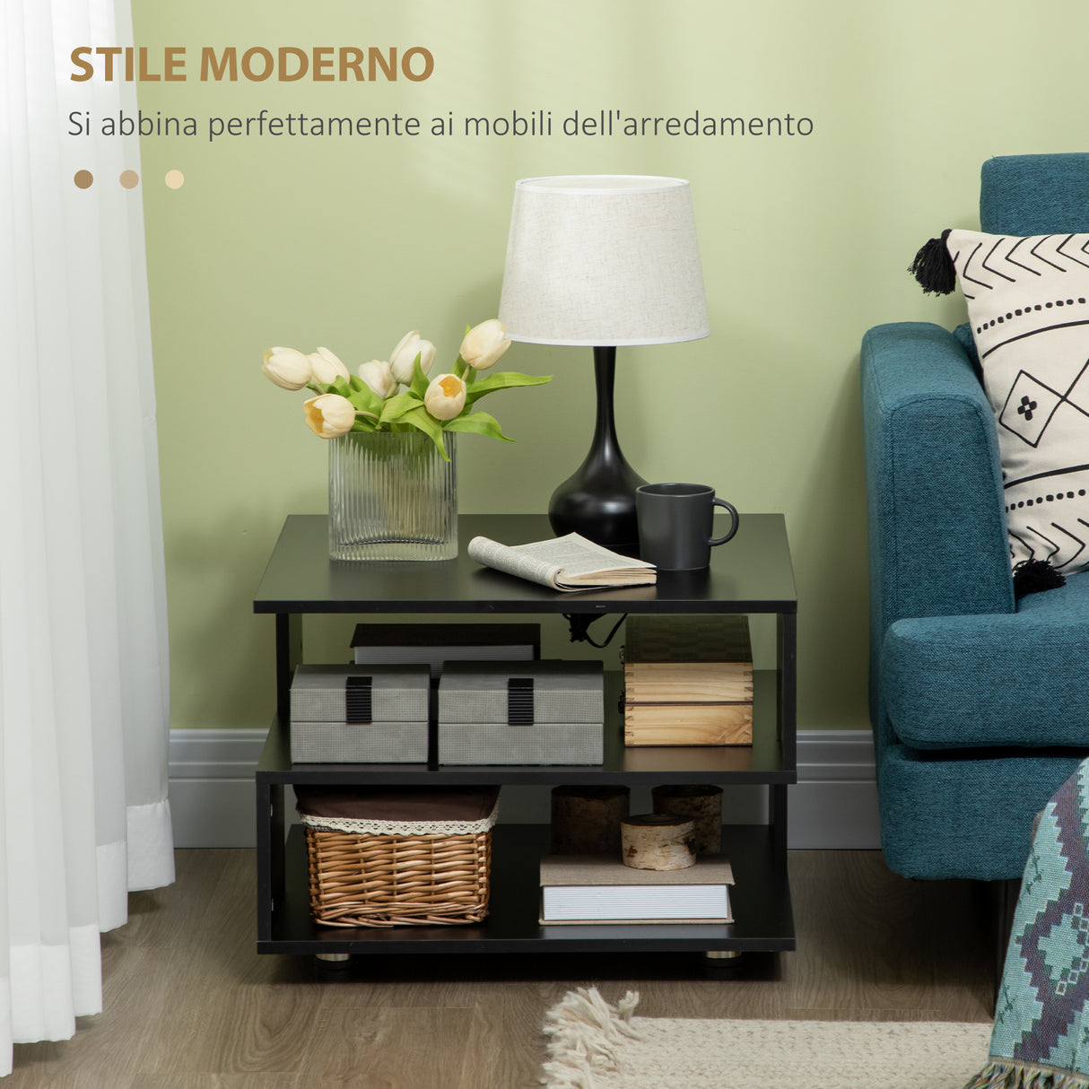 easycomfort easycomfort tavolino da caffe asimmetrico in legno con ripiani e piedini regolabili 60x60x45cm nero