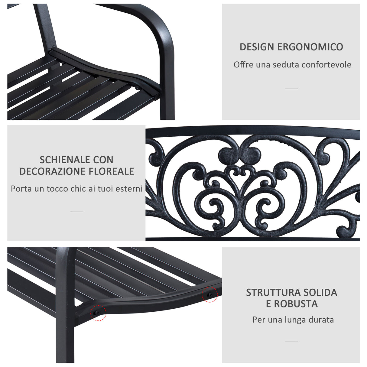 easycomfort easycomfort panchina da giardino in metallo con schienale decorato 127x60x87cm nero