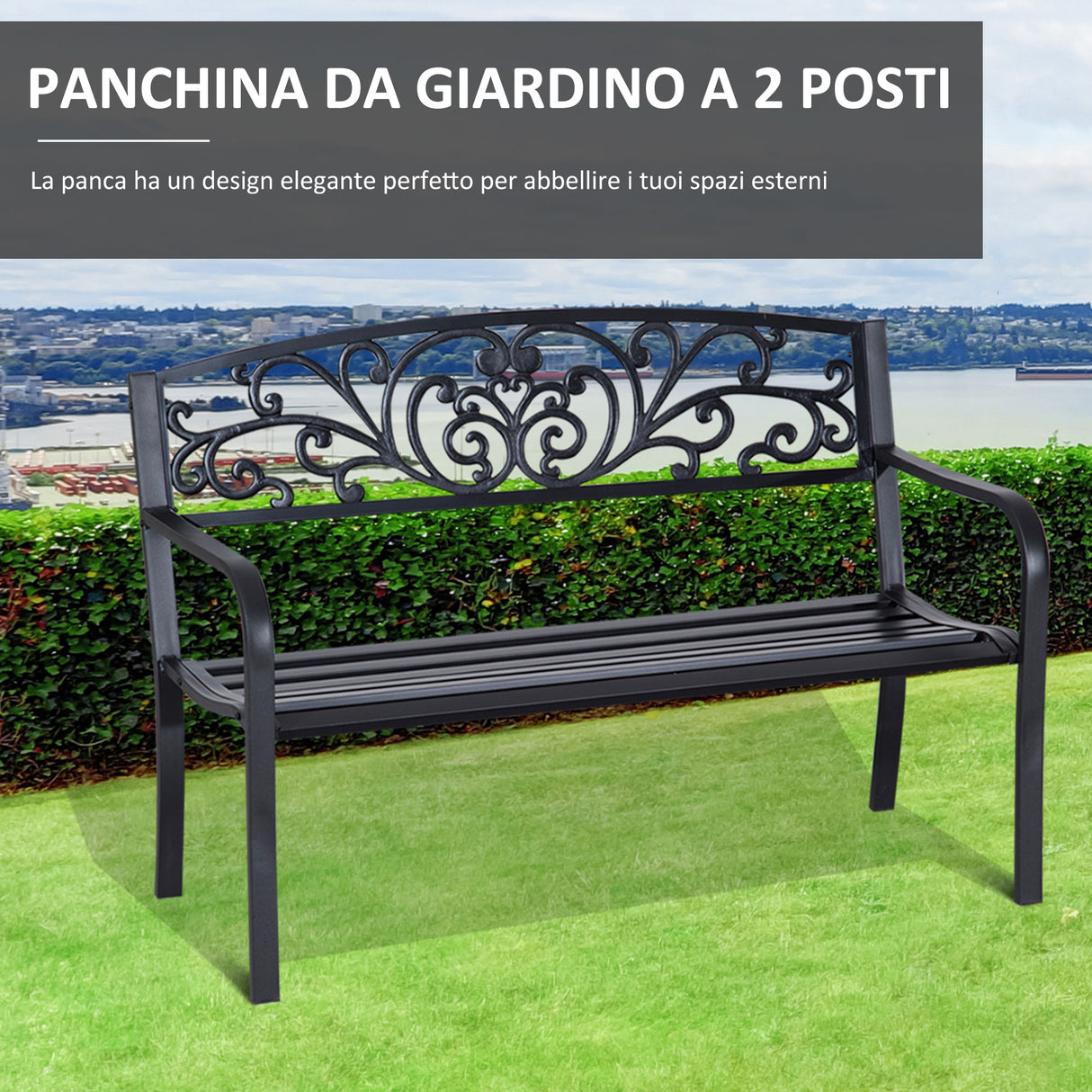 easycomfort easycomfort panchina da giardino in metallo con schienale decorato 127x60x87cm nero