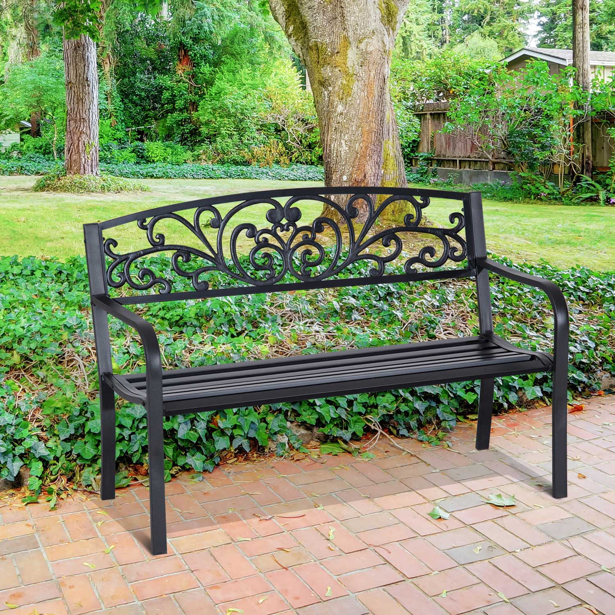 easycomfort easycomfort panchina da giardino in metallo con schienale decorato 127x60x87cm nero