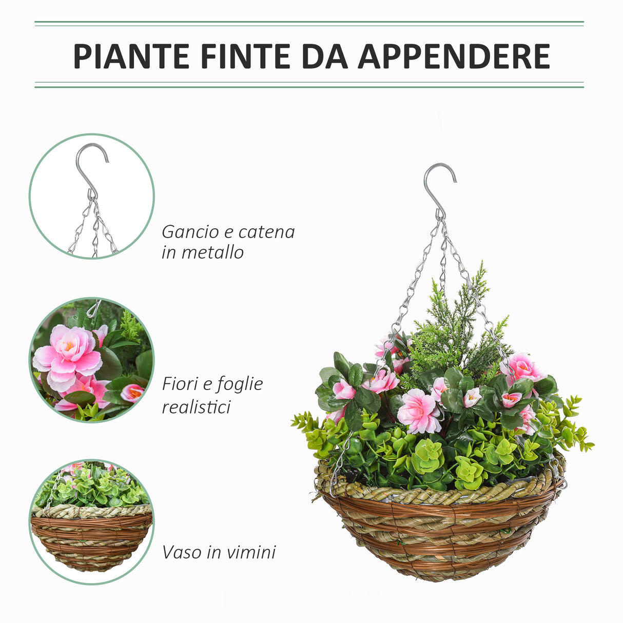 easycomfort easycomfort set di 2 piante finte lisianthus da appendere per interno ed esterno con vaso in vimini e catenelle 25x34cm rosa e verde