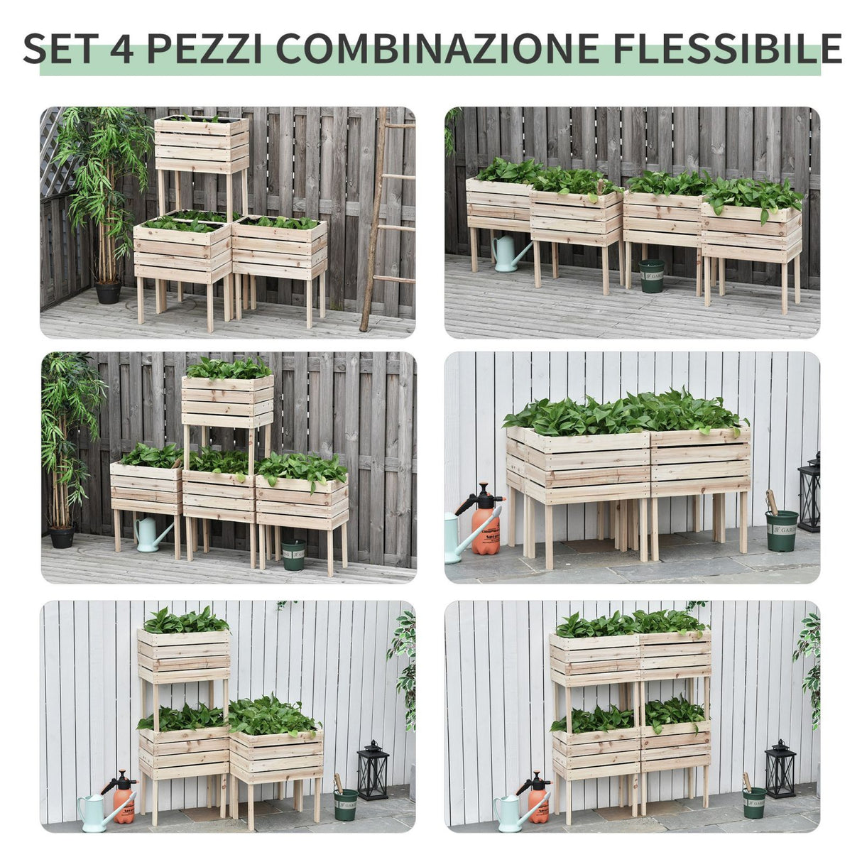 easycomfort easycomfort letto per orto rialzato con 4 vasi portapiante da 50x30x60cm fioriera da esterno in legno colore naturale