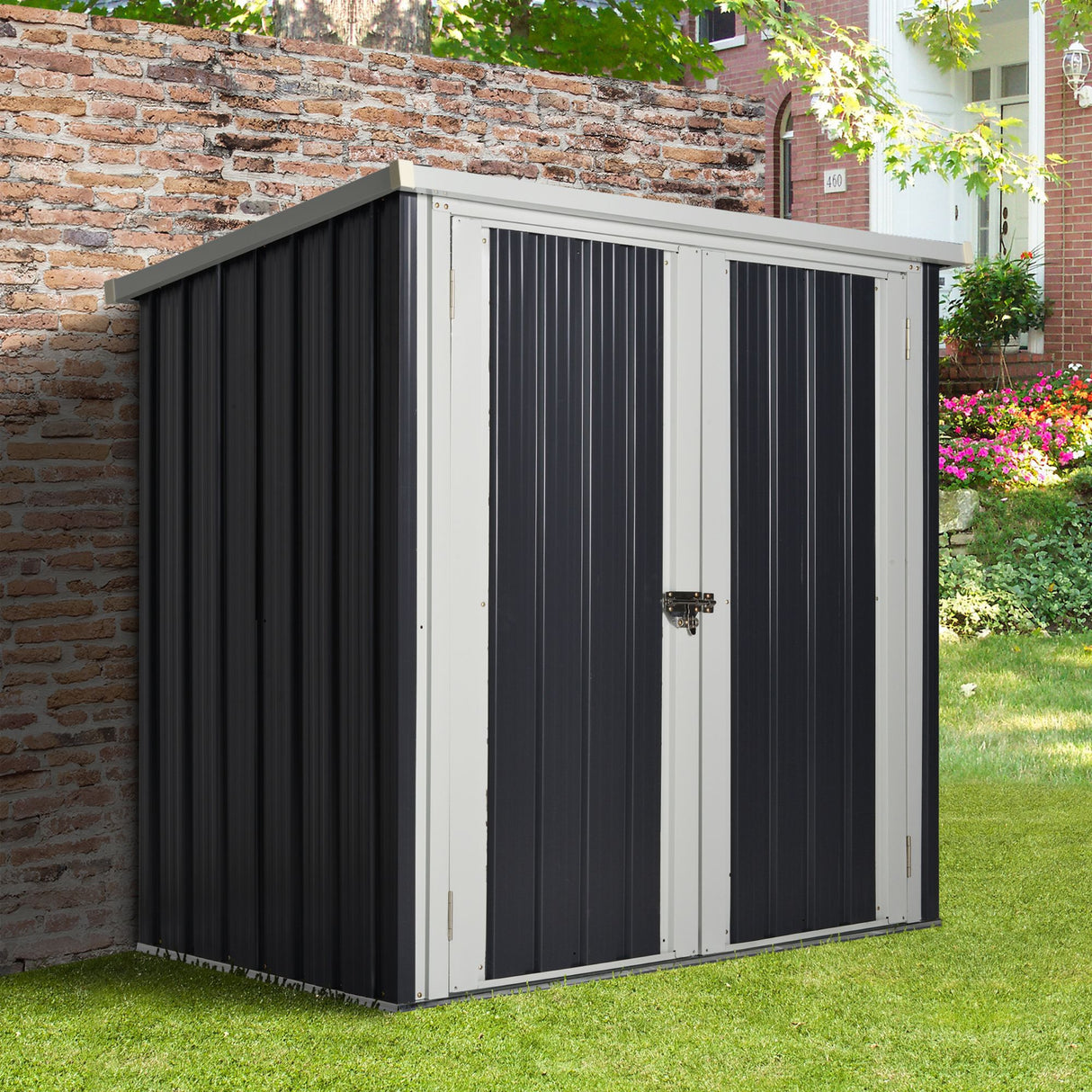 easycomfort easycomfort casetta da giardino in lamiera di acciaio con doppia porta 147x86x134cm nero e bianco