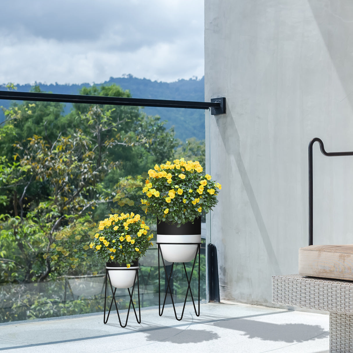 easycomfort easycomfort fioriera set di 2 pezzi con supporto di metallo per arredamento interni ed esterni nera