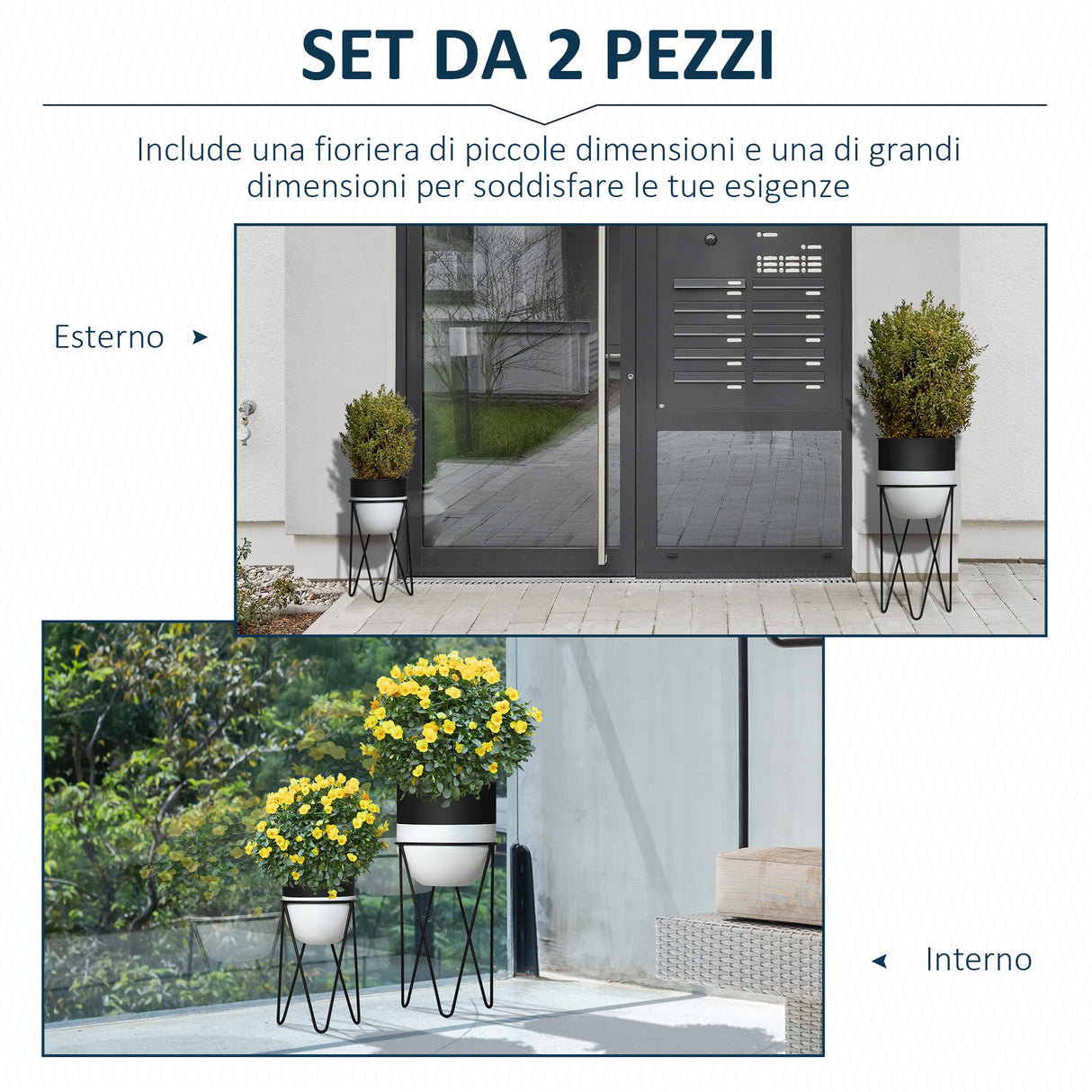 easycomfort easycomfort fioriera set di 2 pezzi con supporto di metallo per arredamento interni ed esterni nera