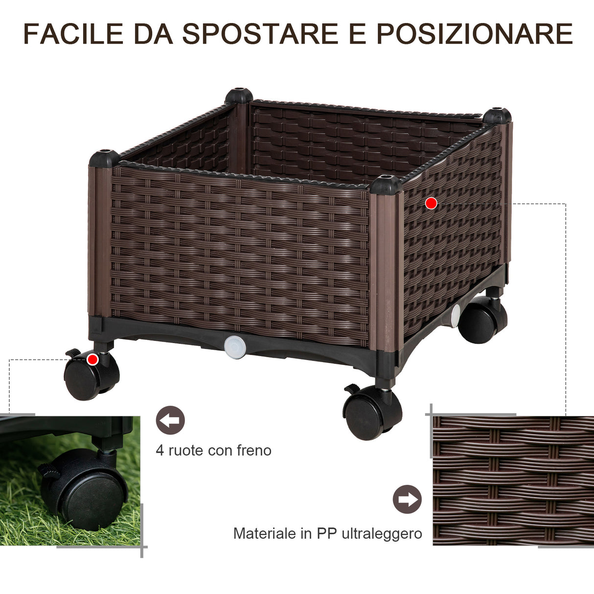 easycomfort easycomfort fioriera da esterno in plastica con 4 ruote e disco auto irrigante 40x40x31 5cm