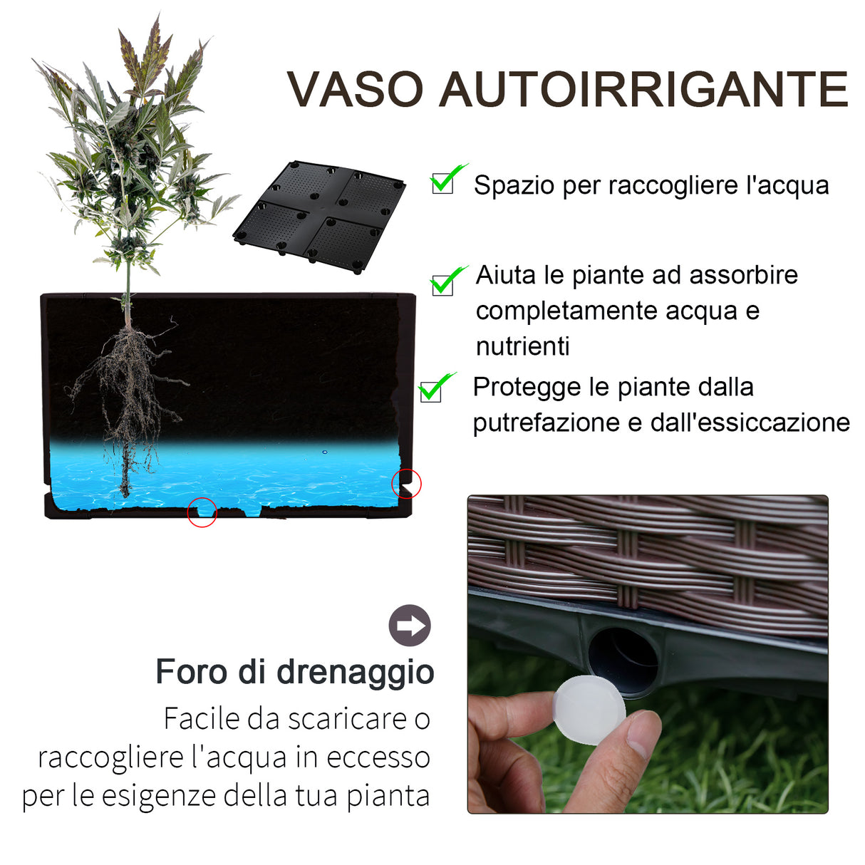 easycomfort easycomfort fioriera da esterno in plastica con 4 ruote e disco auto irrigante 40x40x31 5cm