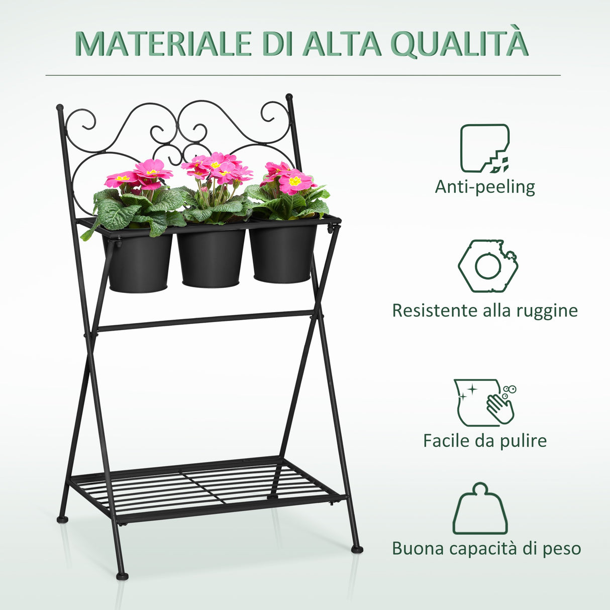 easycomfort easycomfort portapiante in metallo pieghevole con 3 vasi e ripiano inferiore per casa e giardino 47x37x78.5cm nero