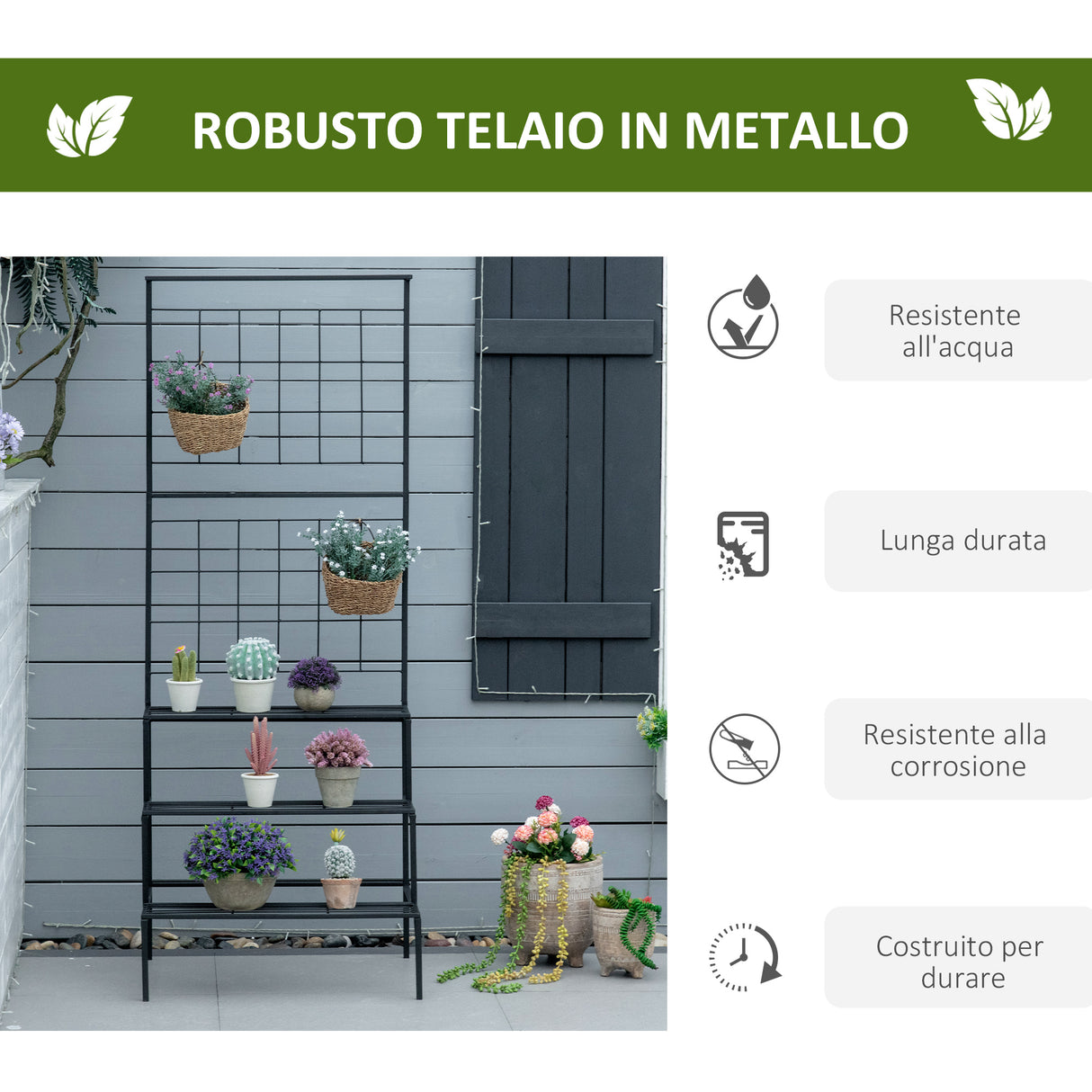 easycomfort easycomfort scaffale portapiante con 3 ripiani e pannello verticale per piante rampicanti in metallo nero
