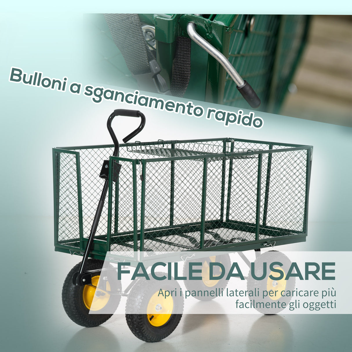 easycomfort easycomfort carrello da giardino in acciaio con pareti laterali ribaltabili e 4 ruote capienza 342l verde