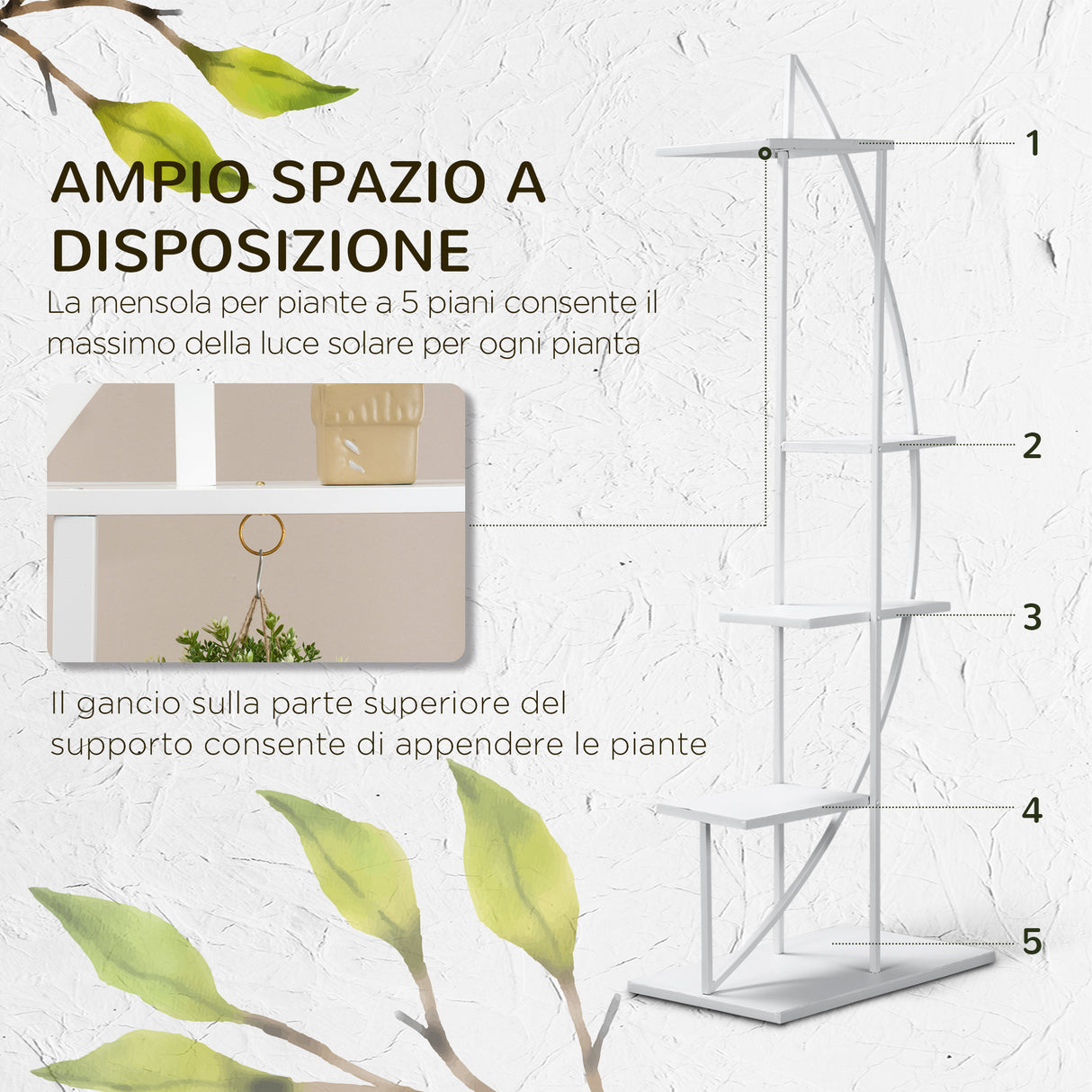 easycomfort easycomfort portafiori a 5 livelli a mezzaluna per interni ed esterni in mdf e acciaio 50x30x160 cm bianco