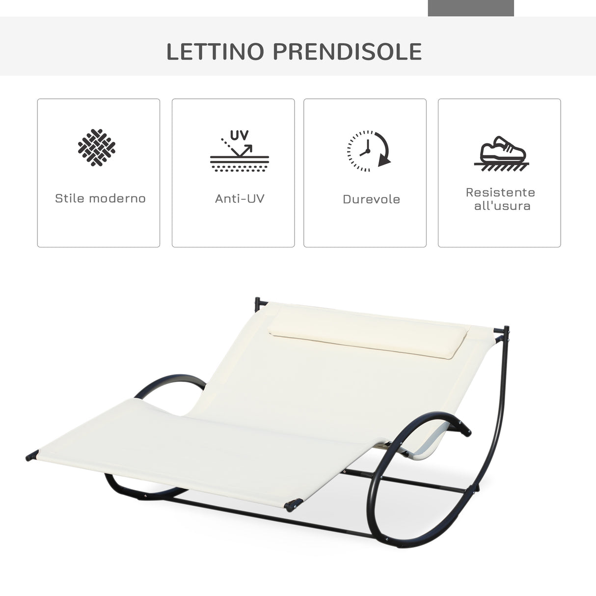 easycomfort easycomfort lettino prendisole 2 posti sdraio da giardino a dondolo in metallo e textilene bianco crema