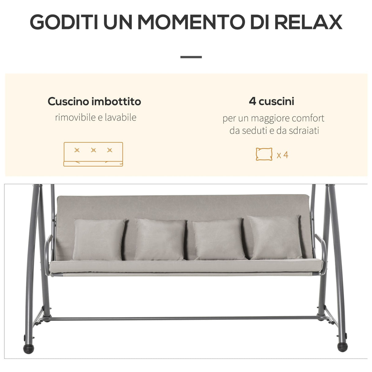 easycomfort easycomfort dondolo da giardino 3 posti con tettuccio in acciaio e poliestere beige