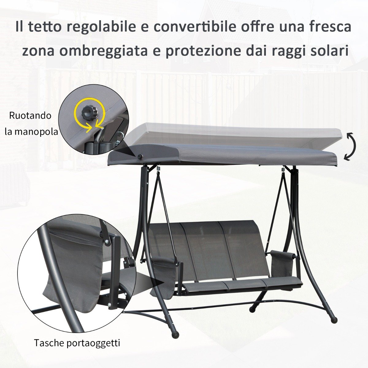 easycomfort easycomfort dondolo 3 posti da giardino o terrazzo con tettuccio regolabile e tasche portaoggetti grigio scuro 196x128x172cm ean 8055776911229