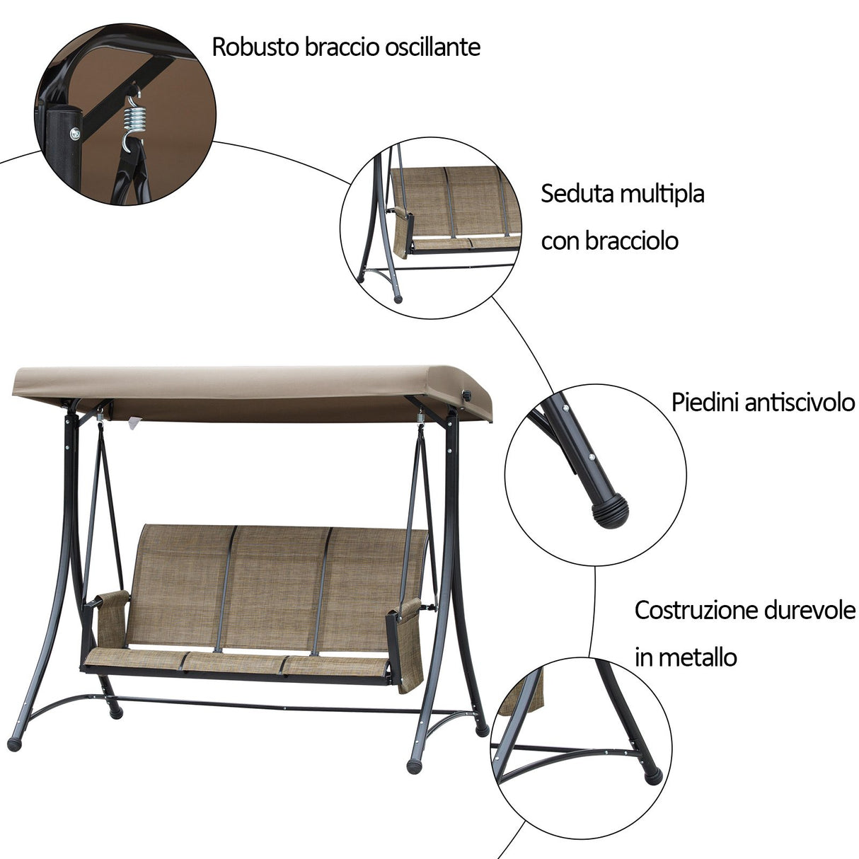 easycomfort easycomfort dondolo da giardino 3 posti tettuccio e tasche portaoggetti marrone ean 8054144136301