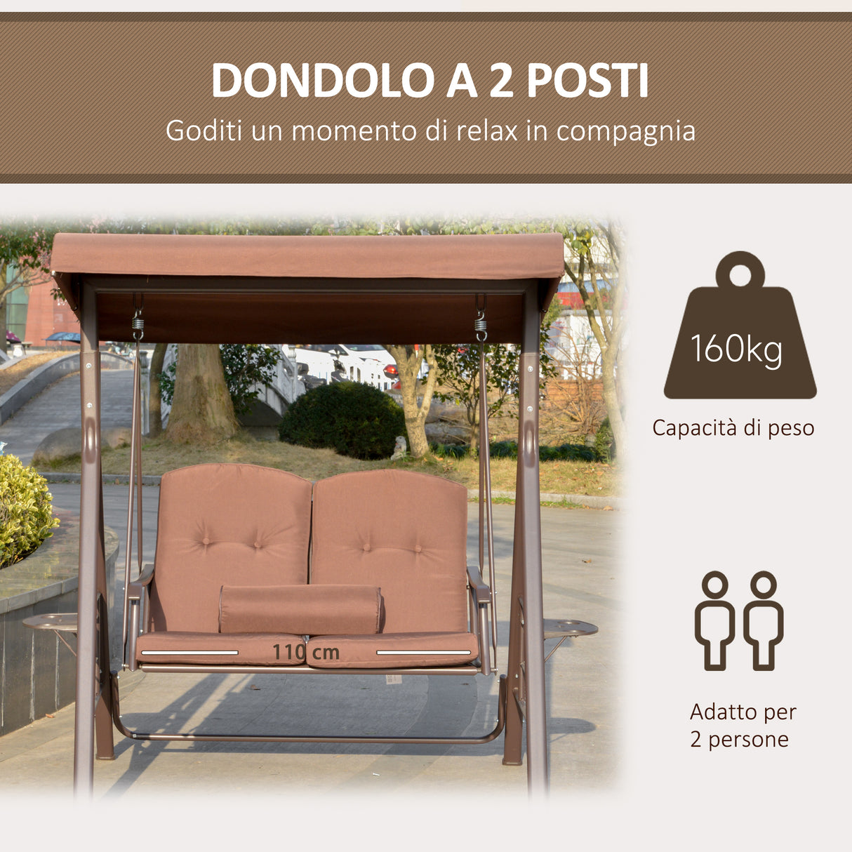 easycomfort easycomfort dondolo da giardino 2 posti con tettuccio regolabile e porta bicchieri 157x118x180 cm marrone