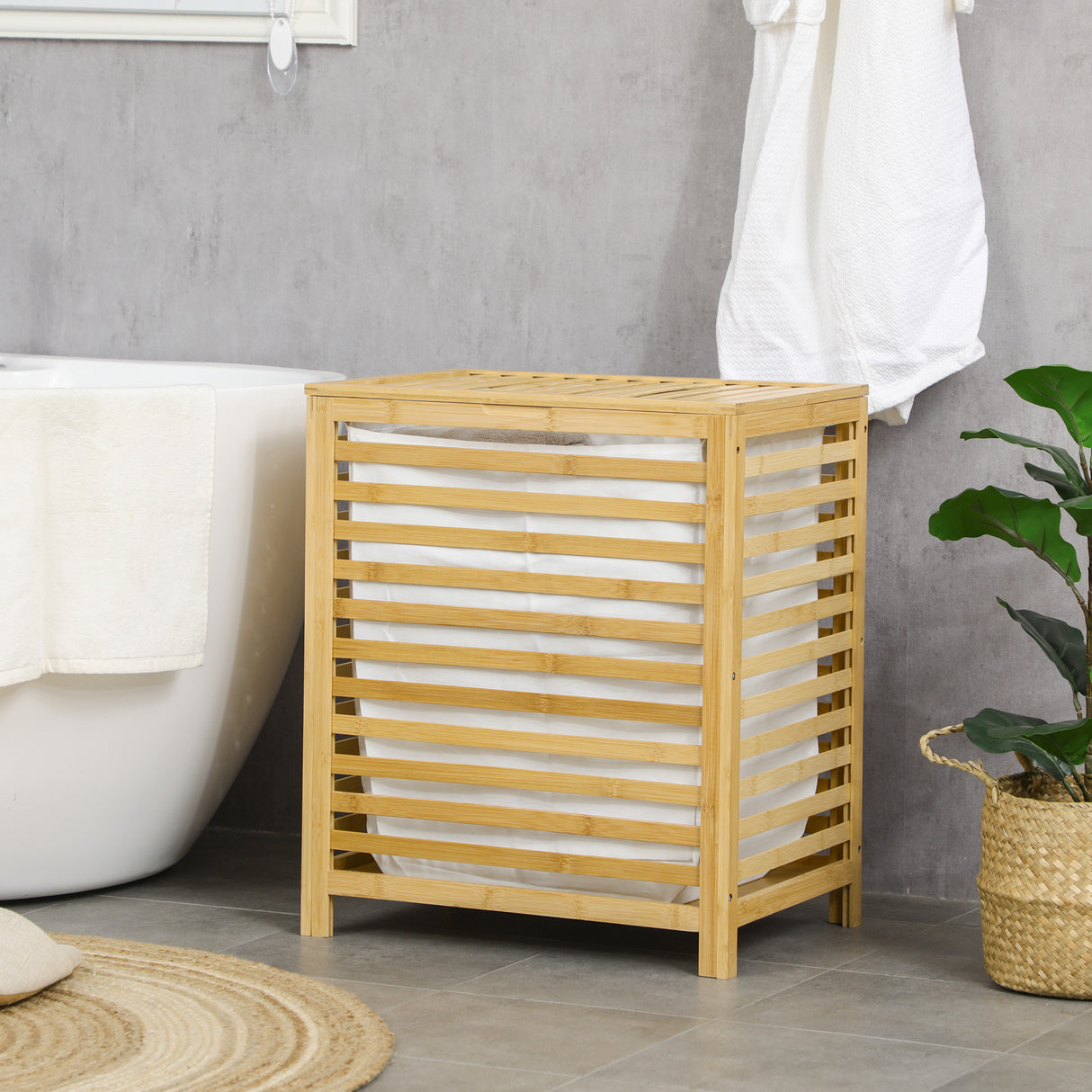 easycomfort easycomfort cesto portabiancheria a doghe in bambu e tessuto con coperchio e sacca rimovibile 50x36x60 cm