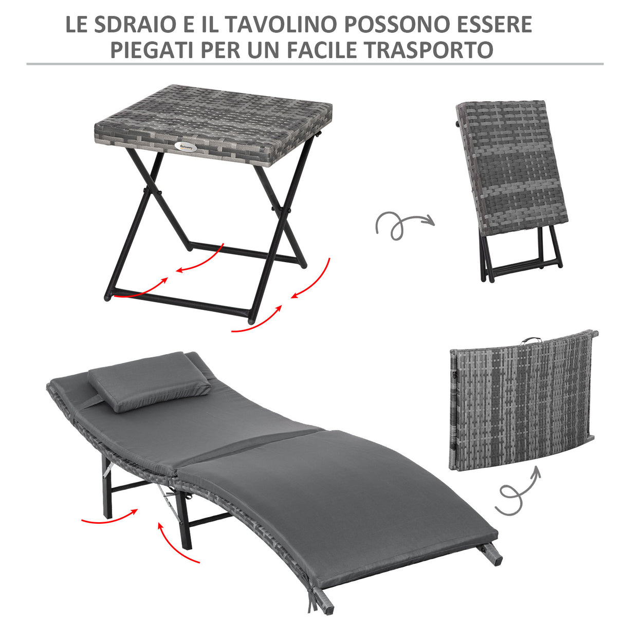 easycomfort easycomfort lettini prendisole richiudibili con cuscini rimovibili e tavolino pieghevole set 3 pz in rattan grigio