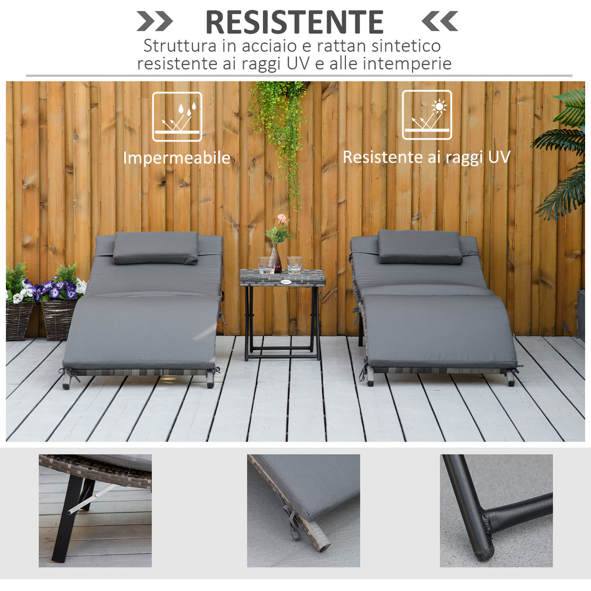 easycomfort easycomfort lettini prendisole richiudibili con cuscini rimovibili e tavolino pieghevole set 3 pz in rattan grigio