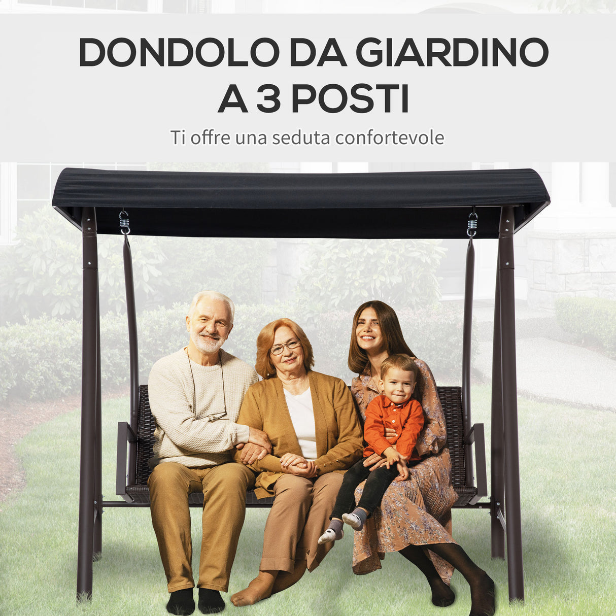 easycomfort easycomfort dondolo da giardino 3 posti in rattan pe e metallo con tettuccio e cuscini sfoderabili 198x124x179cm marrone