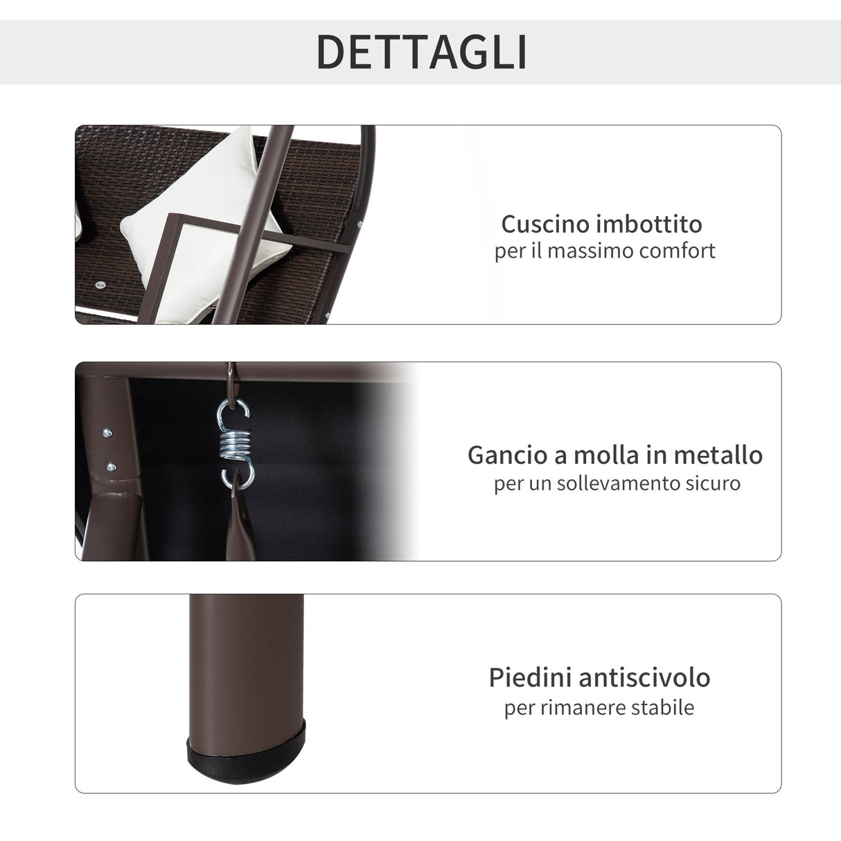 easycomfort easycomfort dondolo da giardino 3 posti in rattan pe e metallo con tettuccio e cuscini sfoderabili 198x124x179cm marrone